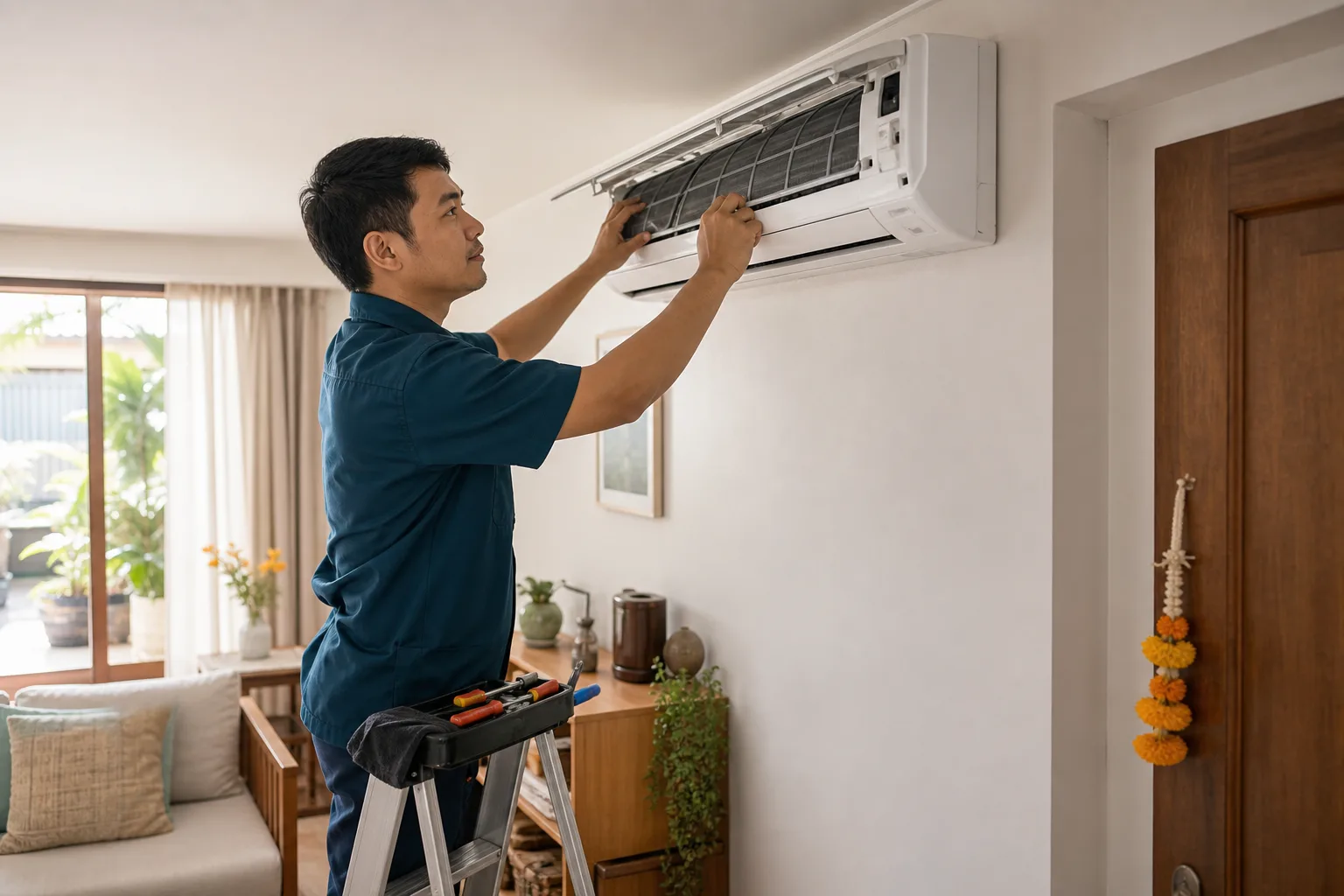 Fictional Jai Baan technician checking a home air conditioner