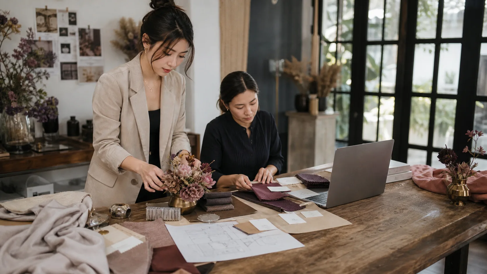 The fictional Sabai Scene Events team preparing flowers and material samples in their studio