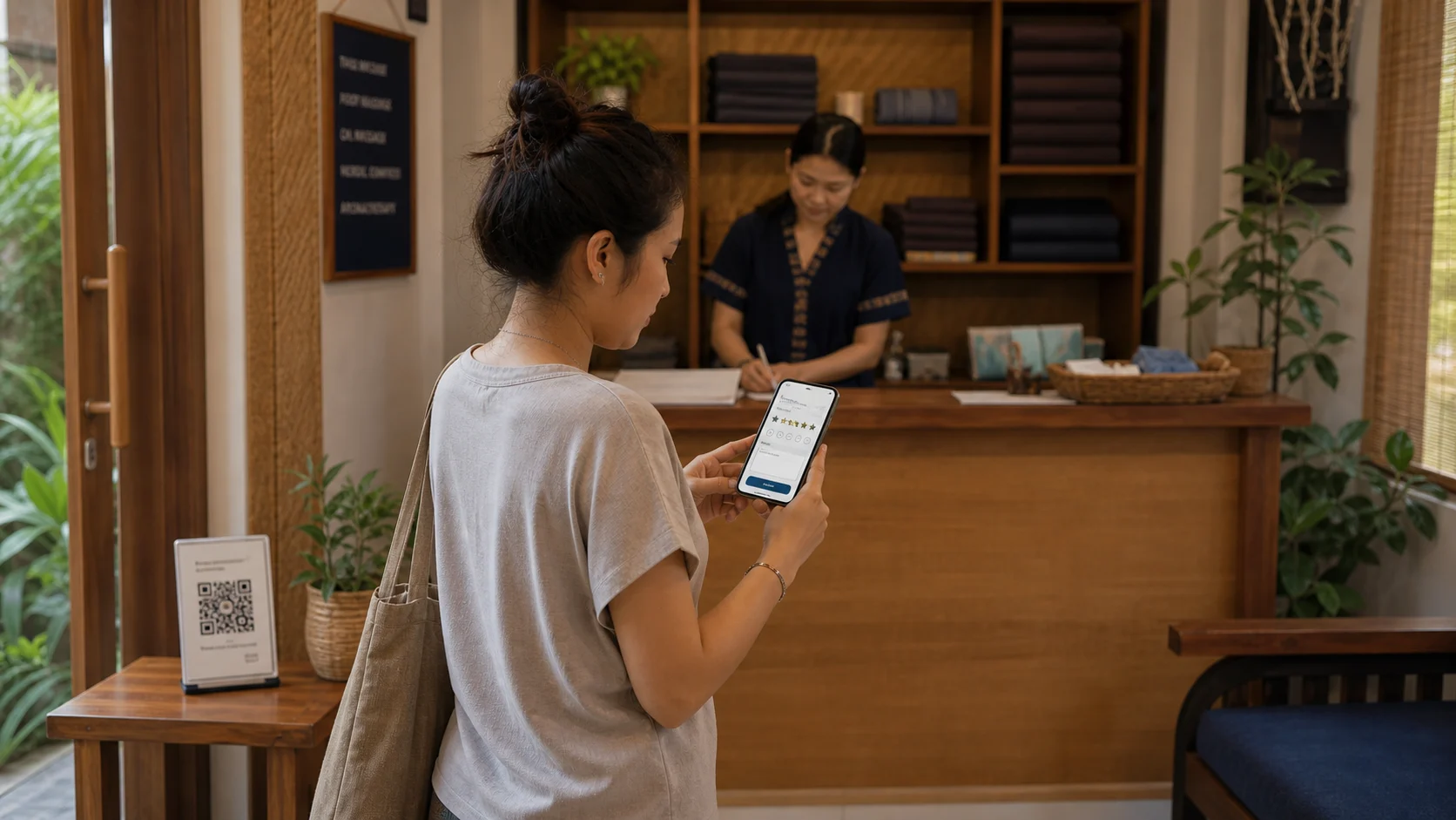 Spa guest scanning a public feedback QR code and entering a private service comment on a phone