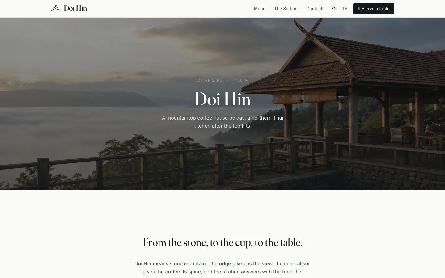 Doi Hin demo site — a mountaintop cafe and restaurant homepage with a ridge-top hero image