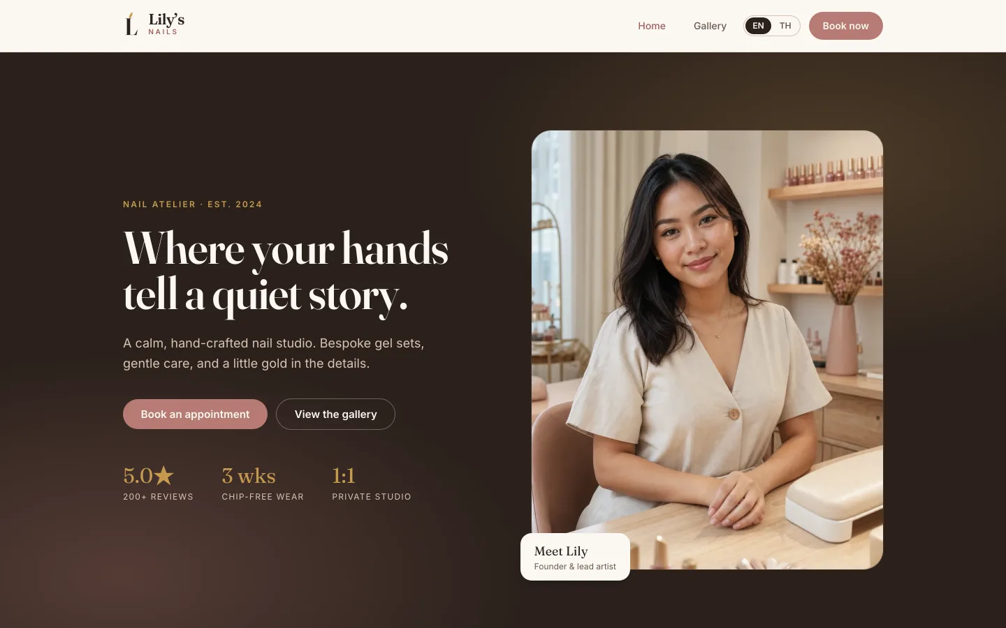 Lily's Nails demo site — a nail studio homepage with a service menu and gallery