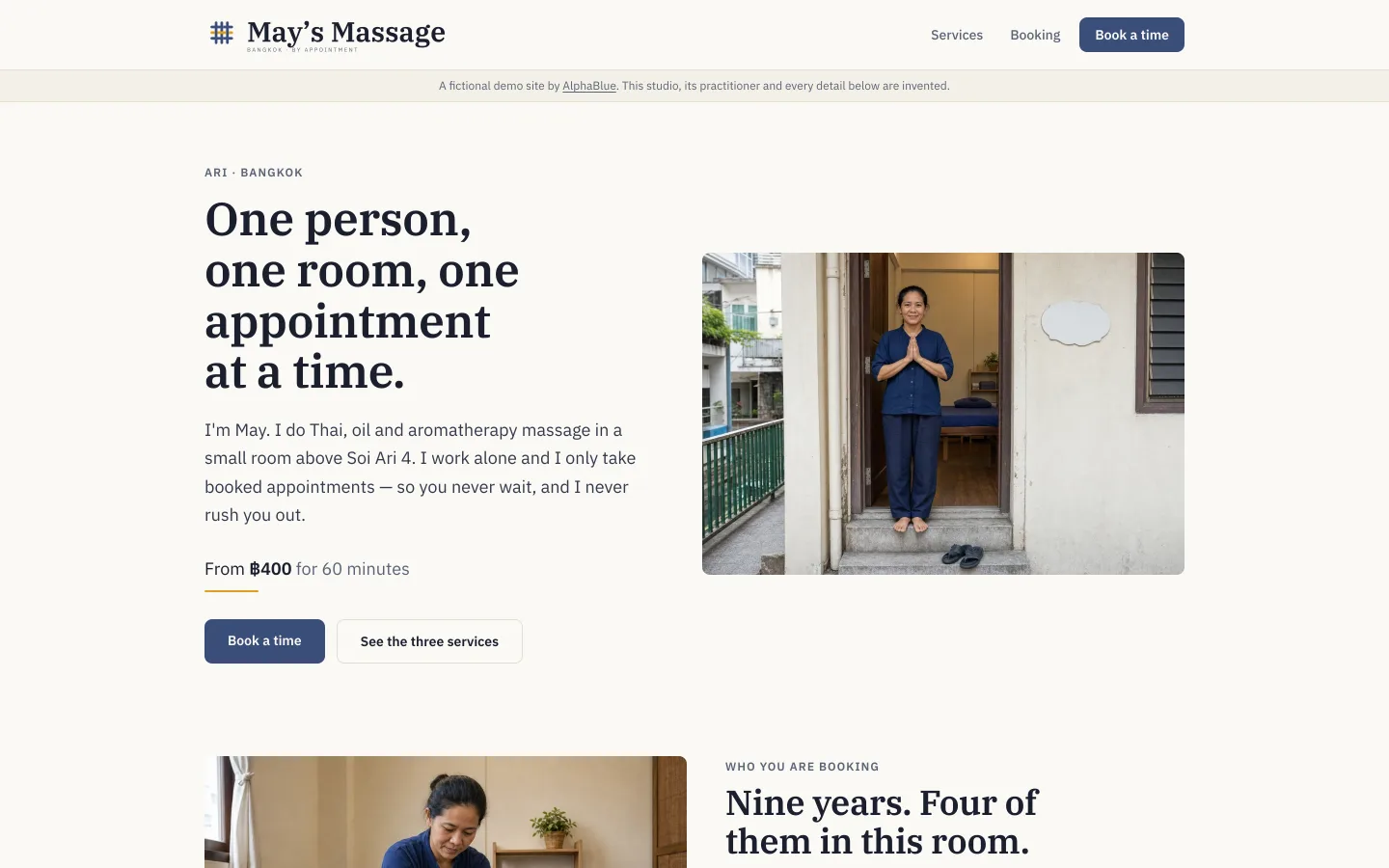 May's Massage demo site — a solo massage studio homepage with services and rates