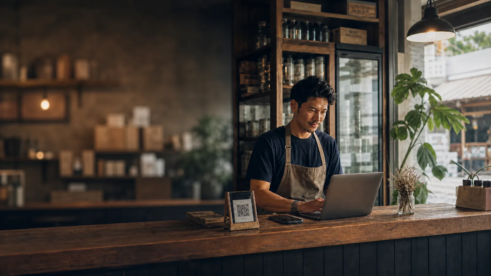 Local business owner managing their website against a softly blurred shop interior