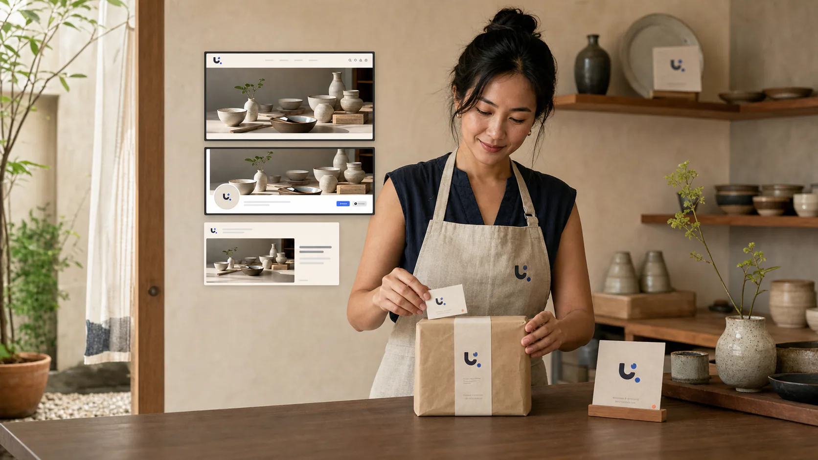 Local studio owner presenting one consistent brand across physical packaging and digital channels