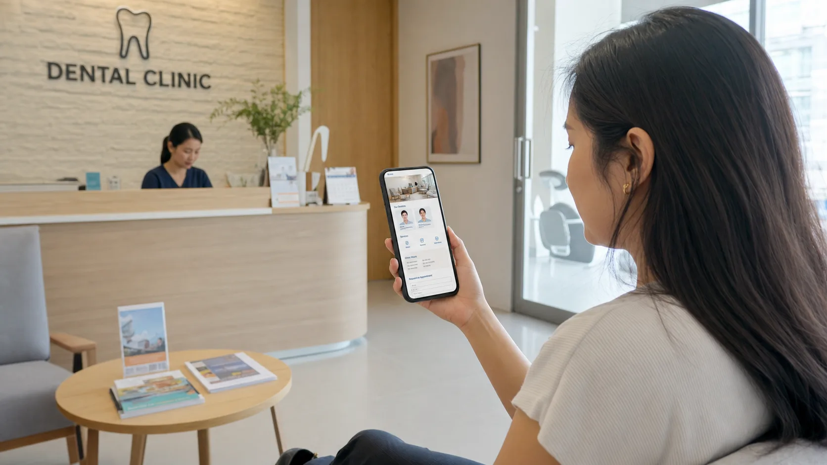 一位牙科病人在诊所候诊区查看从业者信息和预约页面