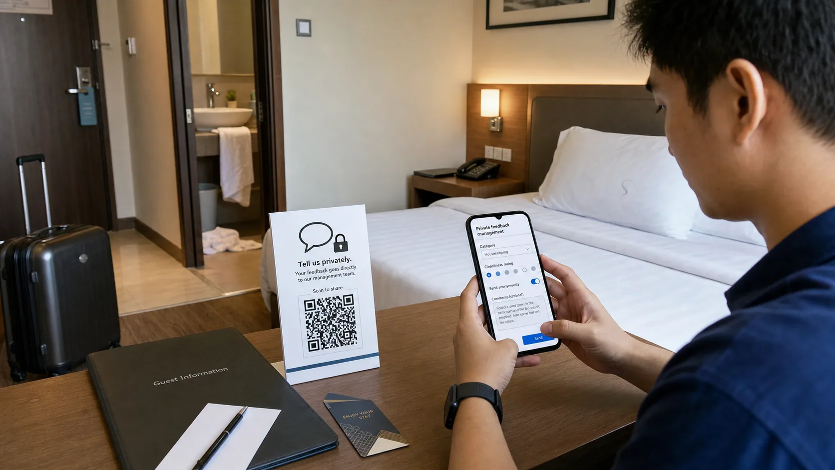 一位刚入住的酒店客人通过公开摆放的私密反馈二维码表单报告遗漏的客房清洁
