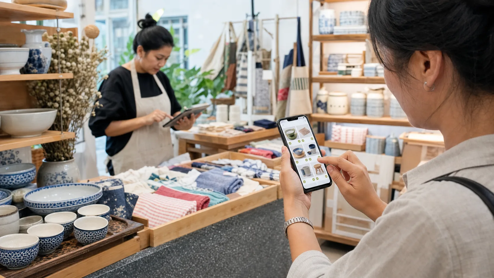 顾客浏览实时商品目录,店主在平板上更新库存